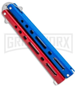 Benchmark Red & Blue Epoxy Steel Butterfly Knife - Satin Plain 7 Benchmark Red & Blue Epoxy Steel Butterfly Knife - Satin Plain -Grindworx Benchmark Butterfly Red White Blue Satin BHQ 141219 jr spine large