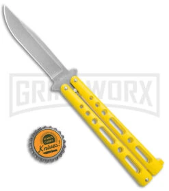 Benchmark Yellow Epoxy Steel Butterfly Knife - Stonewash Plain 9 Benchmark Yellow Epoxy Steel Butterfly Knife - Stonewash Plain -Grindworx Benchmark Butterfly Yellow SW BHQ 137769 jr bottlecap large