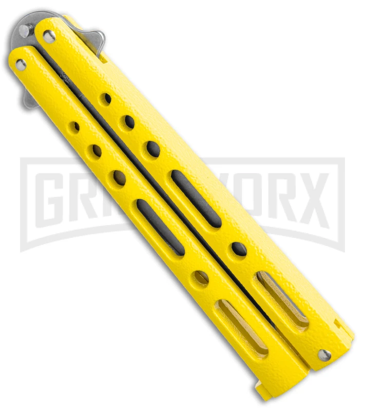 Benchmark Yellow Epoxy Steel Butterfly Knife - Stonewash Plain 4 Benchmark Yellow Epoxy Steel Butterfly Knife - Stonewash Plain - Image 2