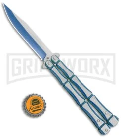 Blue Bone Balisong Drop Point Butterfly Knife - 2 Tone Plain -Grindworx Blue Bone Balisong DP Butterfly TT Plain GX 37371 jr bottlecap large