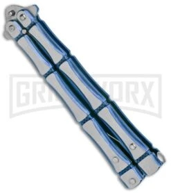 Blue Bone Balisong Drop Point Butterfly Knife - 2 Tone Plain -Grindworx Blue Bone Balisong DP Butterfly TT Plain GX 37371 jr side large