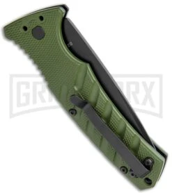 Boker Plus Strike OD Green Automatic Knife - Drop Point Black Plain -Grindworx Boker Plus Strike DP Auto OD Green Black BHQ 97033 jr side large