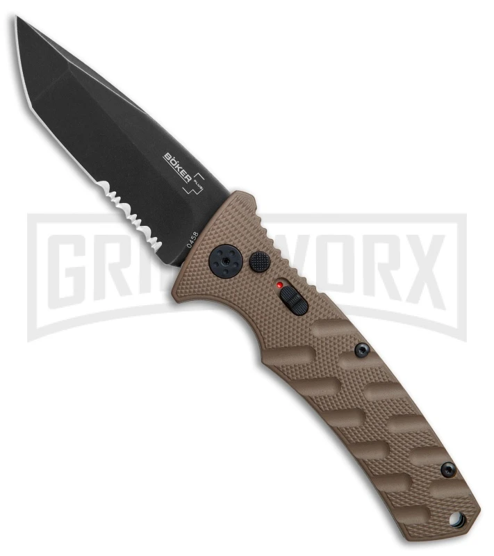 Boker Plus Strike Coyote Brown Automatic Knife - Tanto Black SW Serr 3 Boker Plus Strike Coyote Brown Automatic Knife - Tanto Black SW Serr