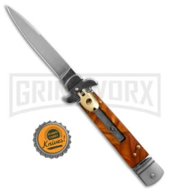 Italia Brass Lever Lock Automatic Stiletto Knife Gold Smoke Handle - Satin Plain 9 Italia Brass Lever Lock Automatic Stiletto Knife Gold Smoke Handle - Satin Plain -Grindworx Brass Lever Lock Automatic Stiletto Knife Gold Smoke Handle Satin Plain GX 41278 KC bottlecap large