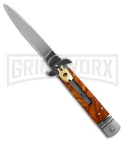 Italia Brass Lever Lock Automatic Stiletto Knife Gold Smoke Handle - Satin Plain