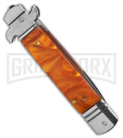 Italia Brass Lever Lock Automatic Stiletto Knife Gold Smoke Handle - Satin Plain 8 Italia Brass Lever Lock Automatic Stiletto Knife Gold Smoke Handle - Satin Plain -Grindworx Brass Lever Lock Automatic Stiletto Knife Gold Smoke Handle Satin Plain GX 41278 KC side large