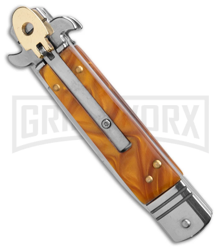 Italia Brass Lever Lock Automatic Stiletto Knife Gold Smoke Handle - Satin Plain 4 Italia Brass Lever Lock Automatic Stiletto Knife Gold Smoke Handle - Satin Plain - Image 2