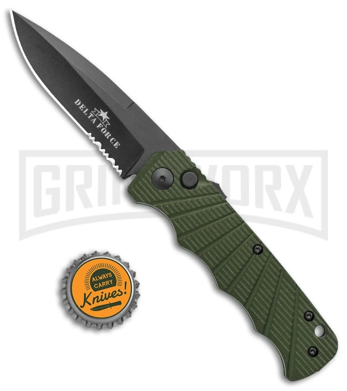 Delta Force Automatic Knife OD Green Aluminum Drop Point - Black Serr 6 Delta Force Automatic Knife OD Green Aluminum Drop Point - Black Serr - Image 4