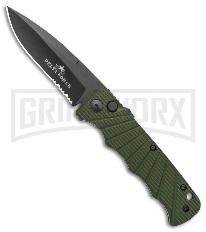 Delta Force Automatic Knife OD Green Aluminum Drop Point - Black Serr 3 Delta Force Automatic Knife OD Green Aluminum Drop Point - Black Serr