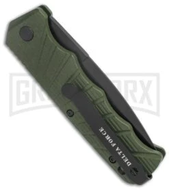 Delta Force Automatic Knife OD Green Aluminum Drop Point - Black Serr 8 Delta Force Automatic Knife OD Green Aluminum Drop Point - Black Serr -Grindworx Delta Force Auto OD Green Aluminum DP Black Serr GX 38233 jr side large