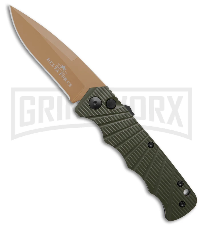 Delta Force Automatic Knife OD Green Aluminum Drop Point - Tan Plain 3 Delta Force Automatic Knife OD Green Aluminum Drop Point - Tan Plain