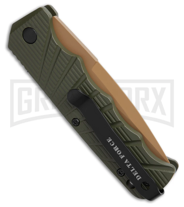 Delta Force Automatic Knife OD Green Aluminum Drop Point - Tan Plain 5 Delta Force Automatic Knife OD Green Aluminum Drop Point - Tan Plain - Image 3