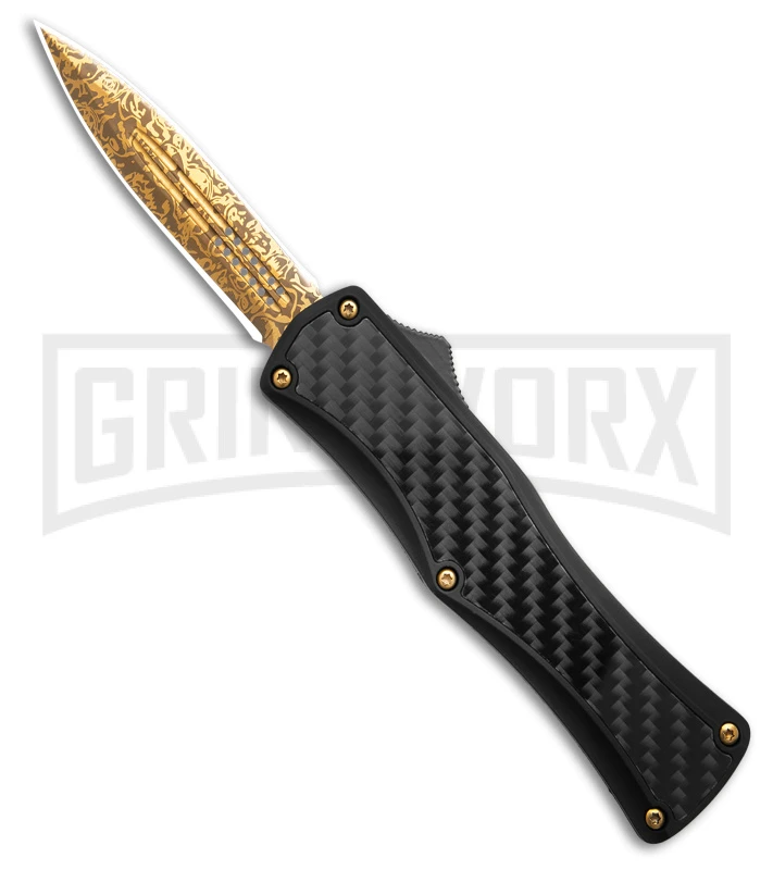 Edgeworks Carbon Fiber OTF Auto Knife Dagger - Gold Damascus Finish) 3 Edgeworks Carbon Fiber OTF Auto Knife Dagger - Gold Damascus Finish)