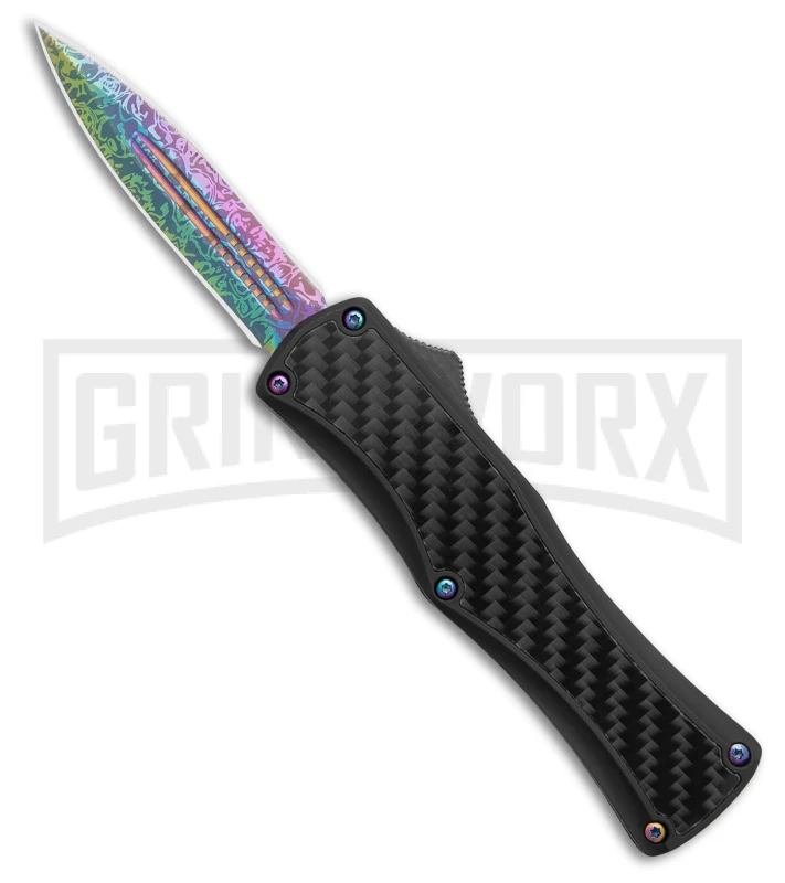 Edgeworks Carbon Fiber OTF Auto Knife Dagger - Rainbow Damascus Finish) 3 Edgeworks Carbon Fiber OTF Auto Knife Dagger - Rainbow Damascus Finish)