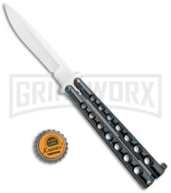Flick Blue Balisong Butterfly Knife Black/Blue - Drop Point Satin Plain -Grindworx Flick Blue Balisong Butterfly DP Satin GX 36707 jr bottlecap large