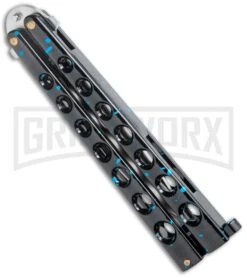 Flick Blue Balisong Butterfly Knife Black/Blue - Drop Point Satin Plain -Grindworx Flick Blue Balisong Butterfly DP Satin GX 36707 jr side large