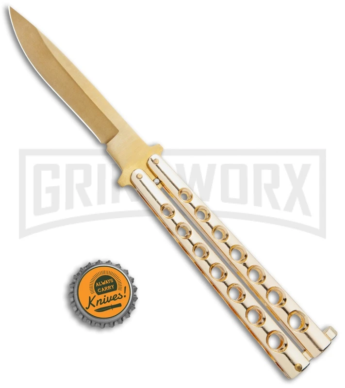 Flick Blue Balisong Butterfly Knife Gold - Drop Point Gold Plain 6 Flick Blue Balisong Butterfly Knife Gold - Drop Point Gold Plain - Image 4