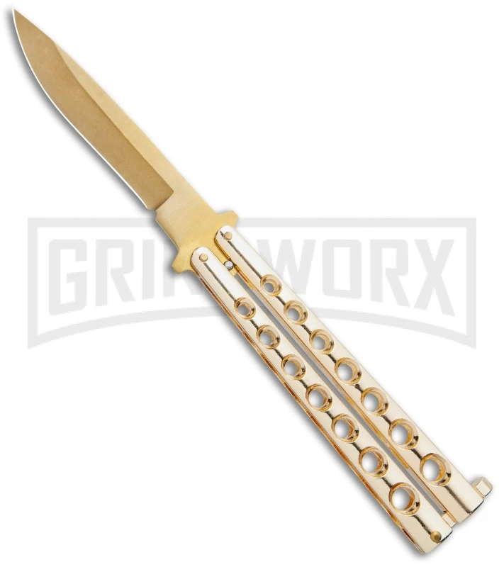 Flick Blue Balisong Butterfly Knife Gold - Drop Point Gold Plain 3 Flick Blue Balisong Butterfly Knife Gold - Drop Point Gold Plain