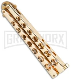 Flick Blue Balisong Butterfly Knife Gold - Drop Point Gold Plain 8 Flick Blue Balisong Butterfly Knife Gold - Drop Point Gold Plain -Grindworx Flick Gold Balisong Butterfly Knife Satin Gold BUTT 2036GD GX 36719 jr side large