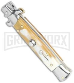 Frank B. Italian Stiletto 7.5" Honey Horn Automatic Knife - Polish Bayonet 7 Frank B. Italian Stiletto 7.5" Honey Horn Automatic Knife - Polish Bayonet -Grindworx Frank B 7.5in Italian Stiletto Honey Horn Auto Polish Bayo GX 36623 jr spine large