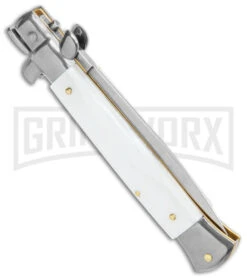 Frank B. 9" Italian Stiletto White Pearlex Automatic Knife - Dagger 8 Frank B. 9" Italian Stiletto White Pearlex Automatic Knife - Dagger -Grindworx Frank B 9in Italian Stiletto Auto White Pearlex Satin Dagger BHQ 138986 jr side large