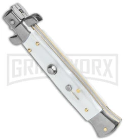 Frank B. 9" Italian Stiletto White Pearlex Automatic Knife - Dagger 7 Frank B. 9" Italian Stiletto White Pearlex Automatic Knife - Dagger -Grindworx Frank B 9in Italian Stiletto Auto White Pearlex Satin Dagger BHQ 138986 jr spine large