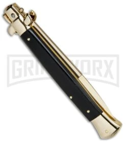 Frank B 11" Italian Stiletto Ebony Automatic Knife Gold - Gold Bayo 8 Frank B 11" Italian Stiletto Ebony Automatic Knife Gold - Gold Bayo -Grindworx Frankk B 11in Italian Stiletto Auto Ebony Wood Gold Bayo BHQ 82051 jr side large