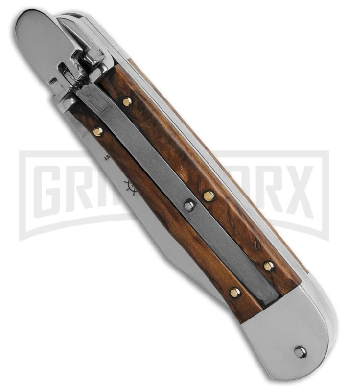 Hubertus 7" Medium Lever Lock Birchwood Automatic Knife - Satin Plain 4 Hubertus 7" Medium Lever Lock Birchwood Automatic Knife - Satin Plain - Image 2