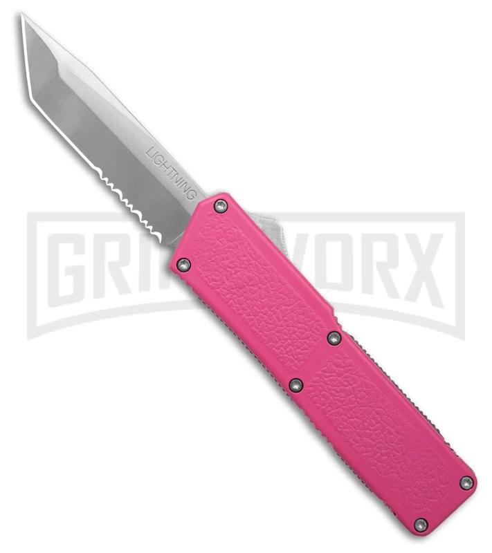 Lightning Pink D/A OTF Automatic Knife - Tanto Satin Serr 3 Lightning Pink D/A OTF Automatic Knife - Tanto Satin Serr