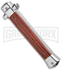 Mago 11" Wood Italian Stiletto OTF Automatic Knife - Satin Plain 9 Mago 11" Wood Italian Stiletto OTF Automatic Knife - Satin Plain -Grindworx Mago 11in Wood Italian Stiletto OTF Auto Satin GX 33803 jr side large