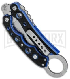 Mantis Vuja De Black/Blue G-10 Balisong Karambit Butterfly Knife - Satin Plain 8 Mantis Vuja De Black/Blue G-10 Balisong Karambit Butterfly Knife - Satin Plain -Grindworx Mantis Vuja De Balisong Karambit Crossover Black Blue G 10 Satin MANMK4B BHQ 56610 jr side large