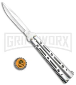 Mega Flick XL Silver Balisong Butterfly Knife - Satin Plain -Grindworx Mega Flick XL Balisong Butterfly Silver M 132 SL BP 19707 jr bottlecap large