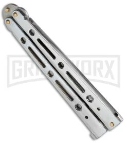 Mega Flick XL Silver Balisong Butterfly Knife - Satin Plain -Grindworx Mega Flick XL Balisong Butterfly Silver M 132 SL BP 19707 jr side large