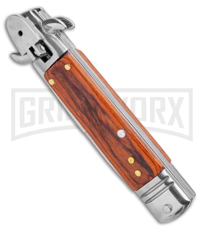 Milano 7.5" Lever Lock Automatic Knife Rosewood - Bayonet Satin 4 Milano 7.5" Lever Lock Automatic Knife Rosewood - Bayonet Satin - Image 2