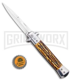Milano 9" Stiletto Sim Stag Horn Automatic Knife - Bayonet Satin 9 Milano 9" Stiletto Sim Stag Horn Automatic Knife - Bayonet Satin -Grindworx Milano 9 Stiletto Sim Stag Horn Automatic Knife GX 33765 ns bottlecap large