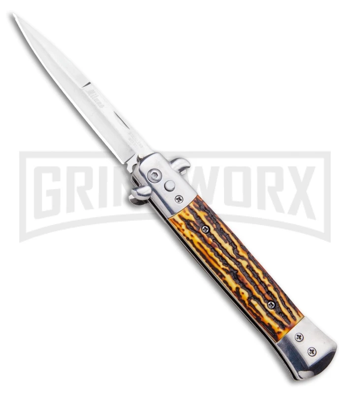 Milano 9" Stiletto Sim Stag Horn Automatic Knife - Bayonet Satin 3 Milano 9" Stiletto Sim Stag Horn Automatic Knife - Bayonet Satin