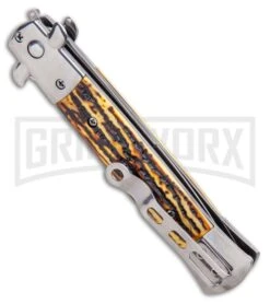 Milano 9" Stiletto Sim Stag Horn Automatic Knife - Bayonet Satin 8 Milano 9" Stiletto Sim Stag Horn Automatic Knife - Bayonet Satin -Grindworx Milano 9 Stiletto Sim Stag Horn Automatic Knife GX 33765 ns side large
