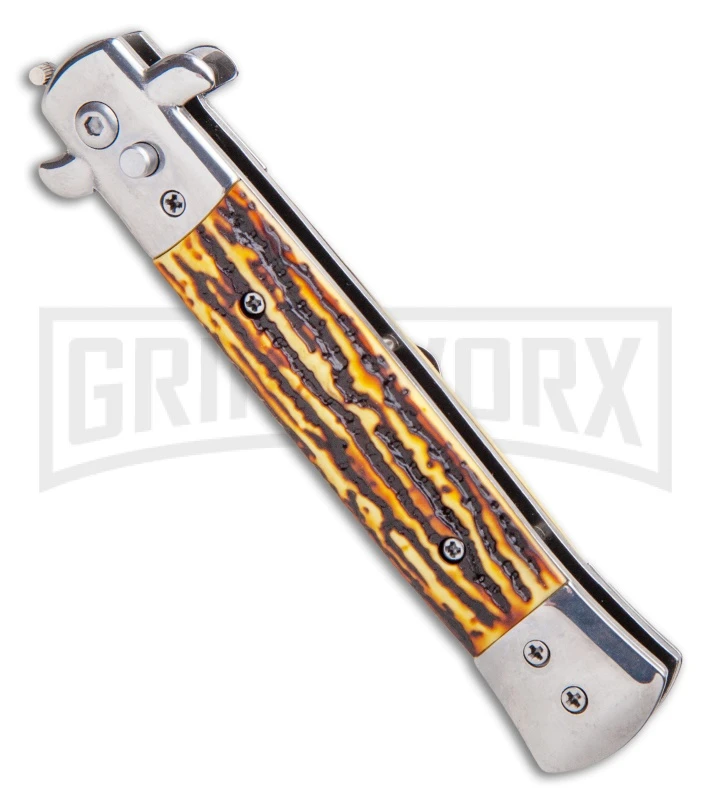 Milano 9" Stiletto Sim Stag Horn Automatic Knife - Bayonet Satin 4 Milano 9" Stiletto Sim Stag Horn Automatic Knife - Bayonet Satin - Image 2