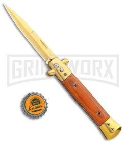 Milano 9" Stiletto Gold/Red Wood Automatic Knife - Bayonet 9 Milano 9" Stiletto Gold/Red Wood Automatic Knife - Bayonet -Grindworx Milano 9in Gold Italian Stiletto Rosewood Auto Bayo Gold GX 36287 jr bottlecap large