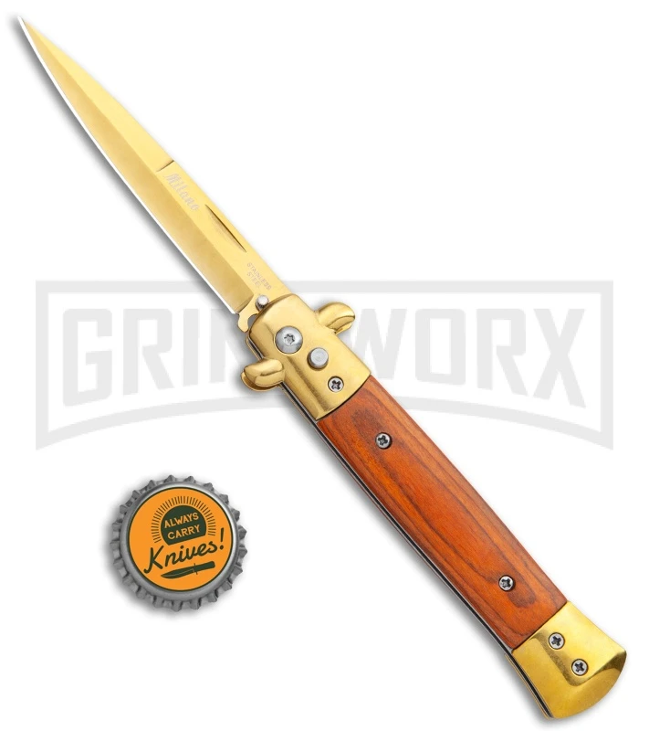 Milano 9" Stiletto Gold/Red Wood Automatic Knife - Bayonet 6 Milano 9" Stiletto Gold/Red Wood Automatic Knife - Bayonet - Image 4
