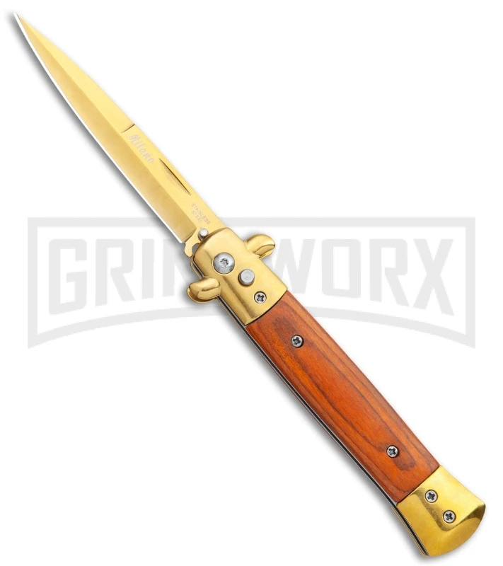 Milano 9" Stiletto Gold/Red Wood Automatic Knife - Bayonet 3 Milano 9" Stiletto Gold/Red Wood Automatic Knife - Bayonet