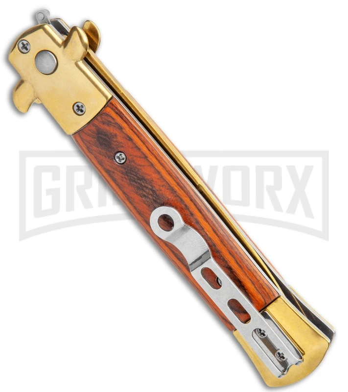 Milano 9" Stiletto Gold/Red Wood Automatic Knife - Bayonet 5 Milano 9" Stiletto Gold/Red Wood Automatic Knife - Bayonet - Image 3