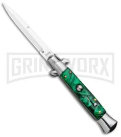 Milano 9" Italian Stiletto Green SwirlAutomatic Knife - Bayonet Satin