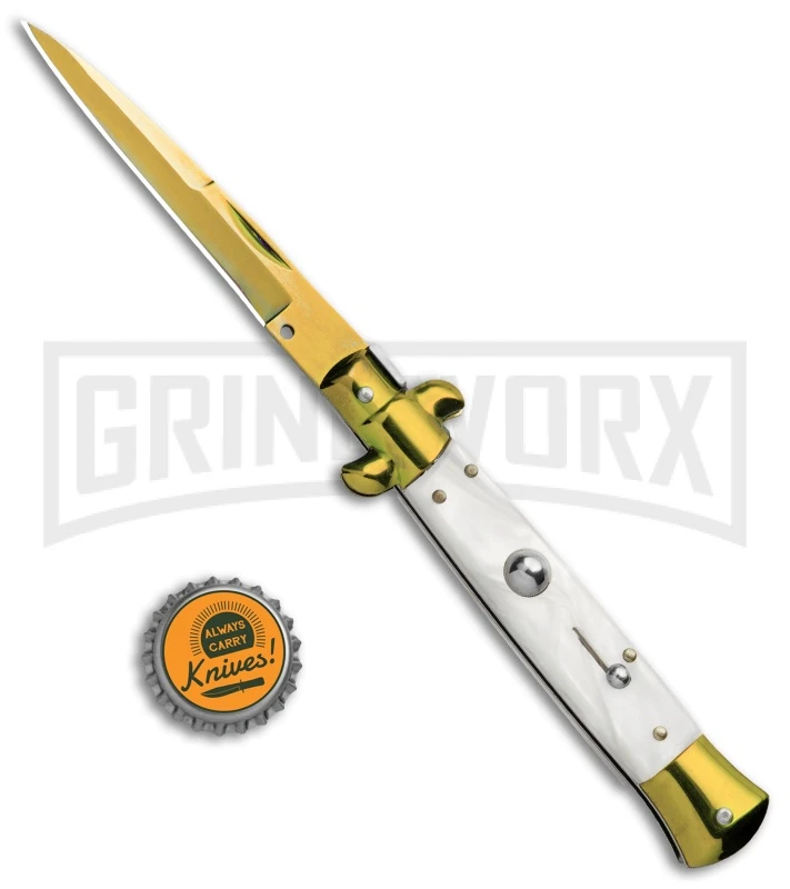 Milano 9" Italian Stiletto White Swirl Automatic Knife - Bayonet Gold Plain 6 Milano 9" Italian Stiletto White Swirl Automatic Knife - Bayonet Gold Plain - Image 4