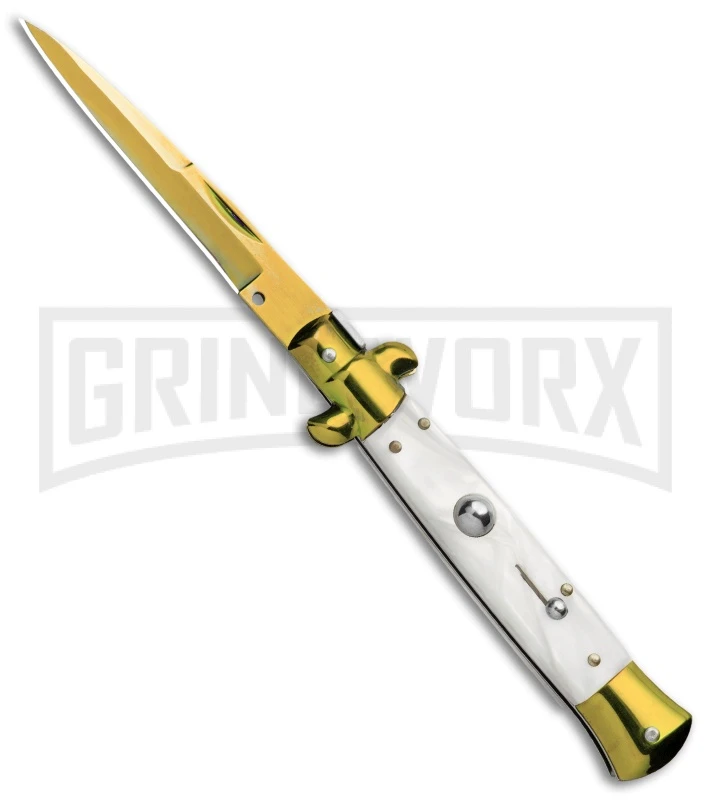 Milano 9" Italian Stiletto White Swirl Automatic Knife - Bayonet Gold Plain 3 Milano 9" Italian Stiletto White Swirl Automatic Knife - Bayonet Gold Plain