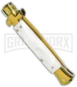 Milano 9" Italian Stiletto White Swirl Automatic Knife - Bayonet Gold Plain 8 Milano 9" Italian Stiletto White Swirl Automatic Knife - Bayonet Gold Plain -Grindworx Milano 9in Italian Stiletto White Swirl Auto Bayo Gold GX 33530 jr side large