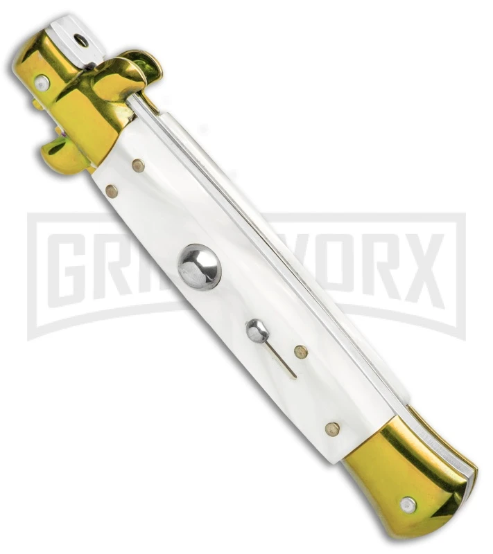 Milano 9" Italian Stiletto White Swirl Automatic Knife - Bayonet Gold Plain 4 Milano 9" Italian Stiletto White Swirl Automatic Knife - Bayonet Gold Plain - Image 2