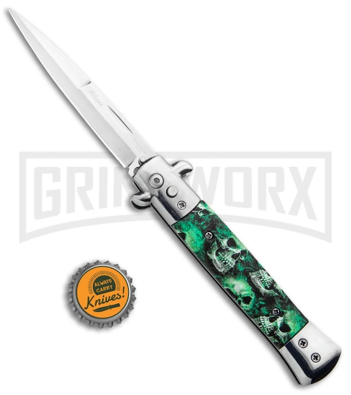 Milano 9" Stiletto Green Skull Automatic Knife - Bayonet Satin 5 Milano 9" Stiletto Green Skull Automatic Knife - Bayonet Satin - Image 4