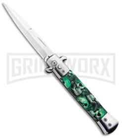 Milano 9" Stiletto Green Skull Automatic Knife - Bayonet Satin