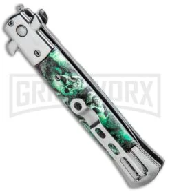 Milano 9" Stiletto Green Skull Automatic Knife - Bayonet Satin 7 Milano 9" Stiletto Green Skull Automatic Knife - Bayonet Satin -Grindworx Milano 9in Stiletto Green Skull Auto Bayo GSE018CMGRN 1 GX 33509 jr side large